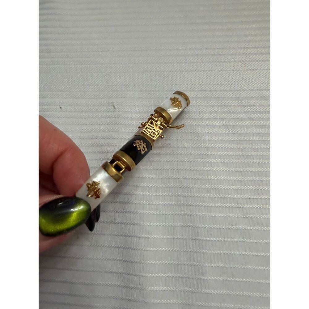 ONYX MOTHER OF PEARL GOLD VINTAGE BRACELET ORIENTAL MOTIF 8 Symbols - Picture 10 of 10